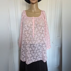 LC Lauren Conrad Women's Peasant Powder Pink Floral Jacquard Top Blouse Size L.